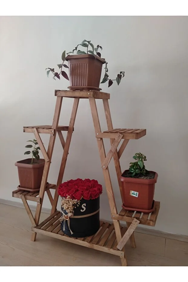 Ahşap Ceviz Renkli Çiçeklik Havluluk Raf Saksılık